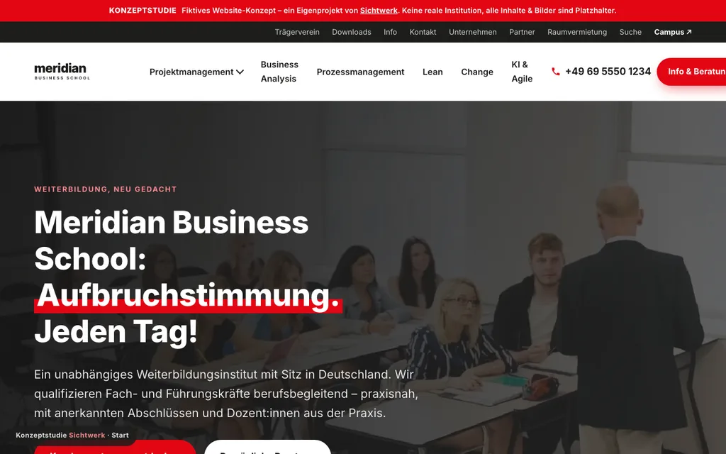 Website-Referenz von Sichtwerk: Meridian Business School, Weiterbildung · Konzeptstudie
